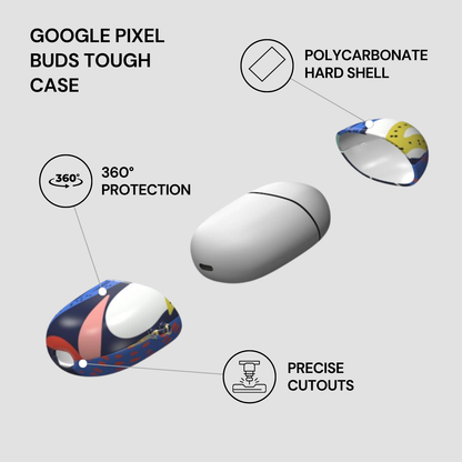 Google Pixel Buds Tough Case with features highlighted on a white background