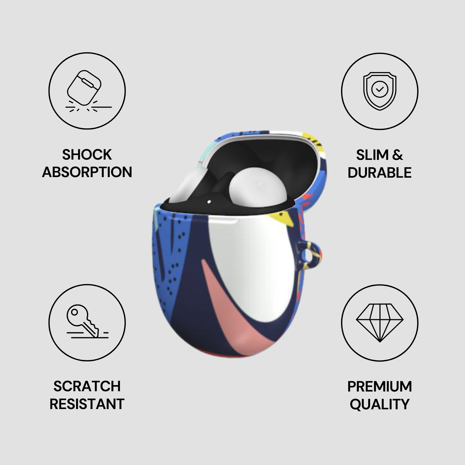 Colorful case with shock absorption, slim durability, scratch resistance, and premium quality features on a gray background.