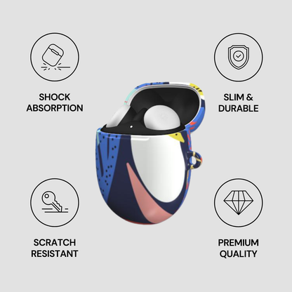Colorful case with shock absorption, slim durability, scratch resistance, and premium quality features on a gray background.