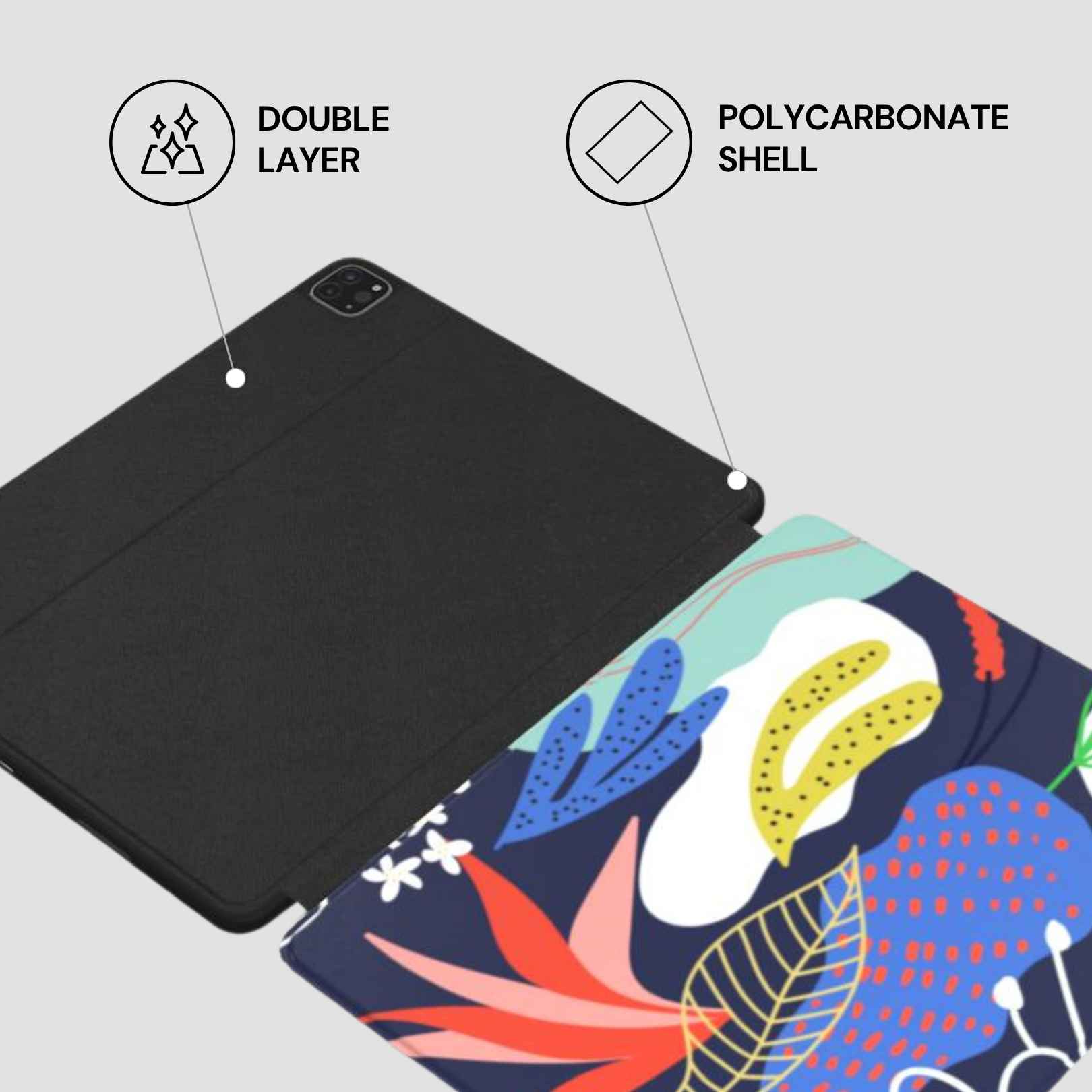 Tablet case with double layer and polycarbonate shell features on a gray background