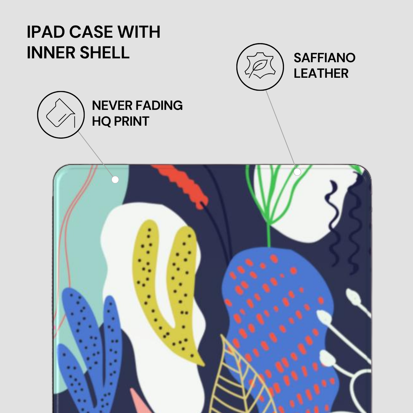 iPad case with abstract plant design and text highlighting features on a light gray background