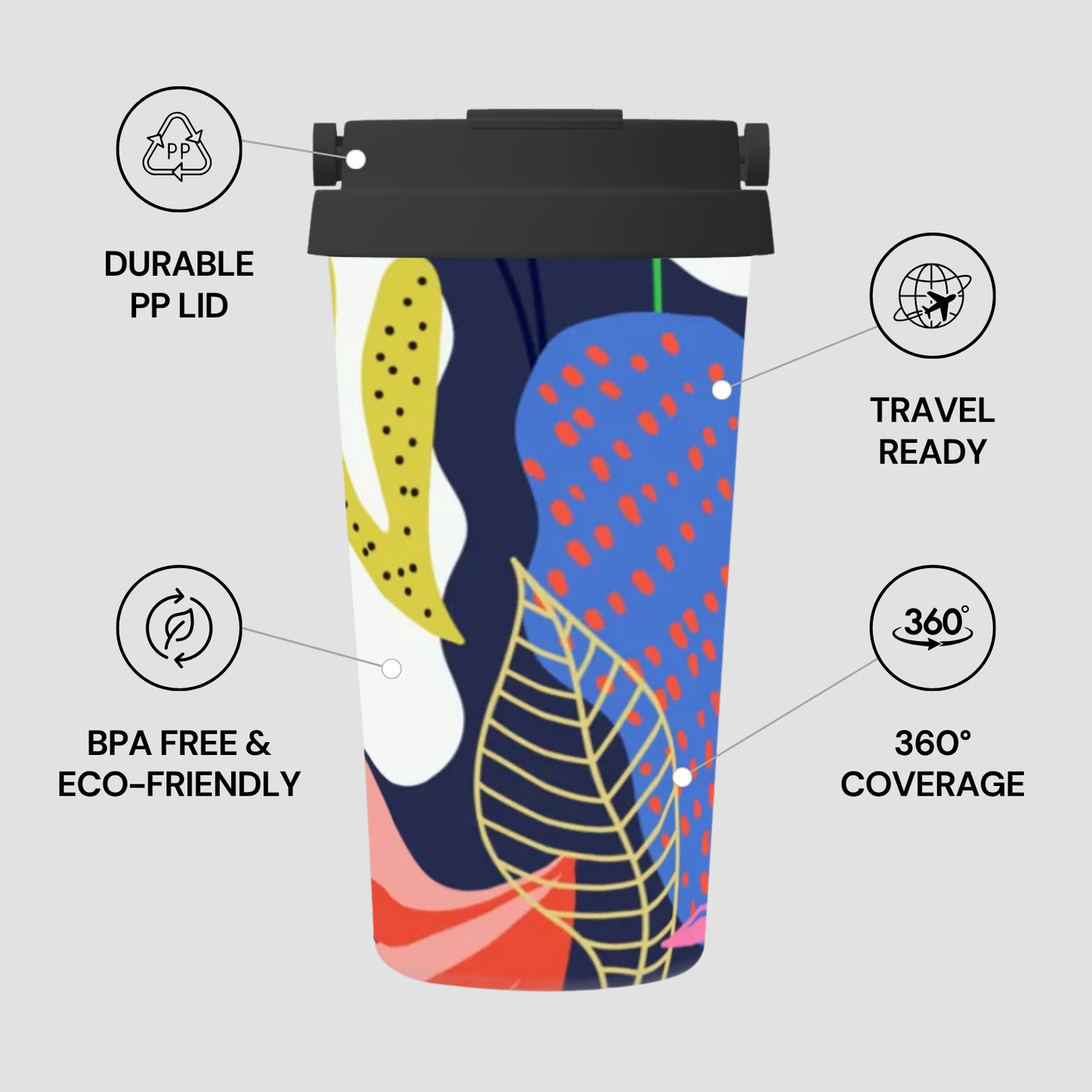 Colorful travel mug with features highlighted on a light gray background