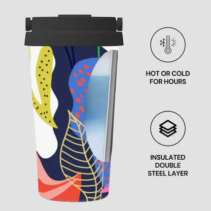 Colorful insulated travel mug with abstract design on a light gray background