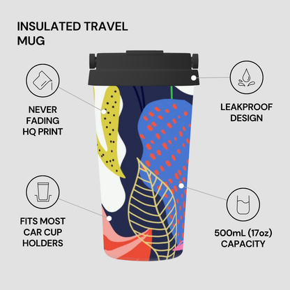 Insulated travel mug with colorful design and features listed on a gray background