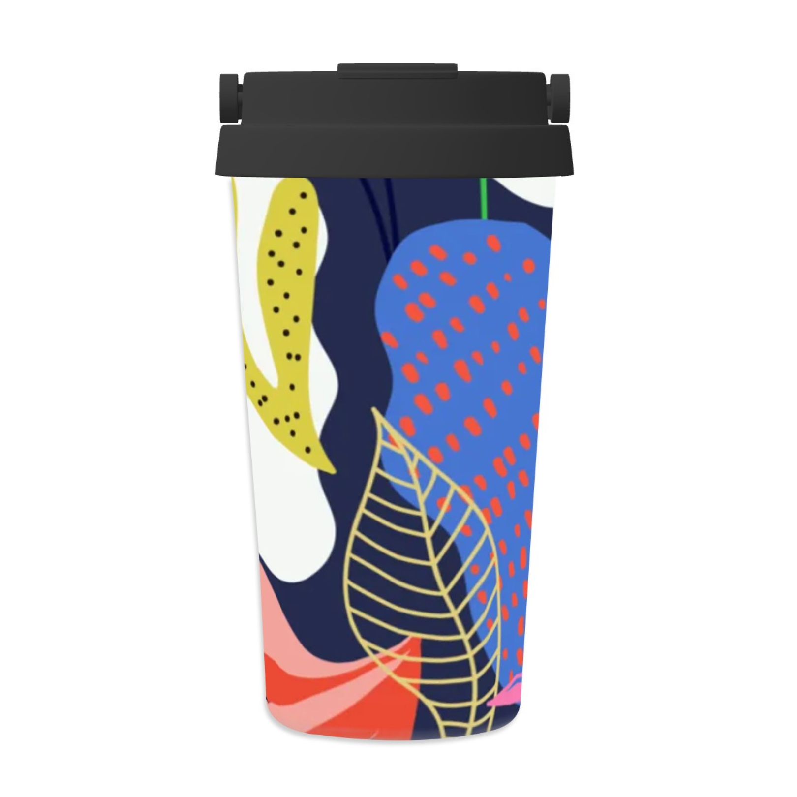 Colorful tumbler with abstract design on a white background
