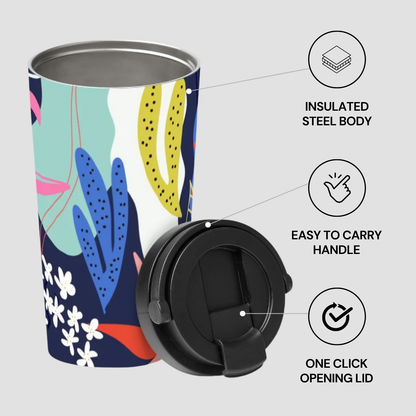 Colorful insulated steel tumbler with floral design and black lid on a light gray background