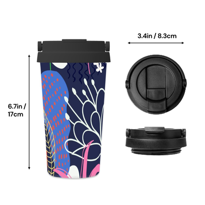 Travel mug with floral design, black lid, and measurements on a white background