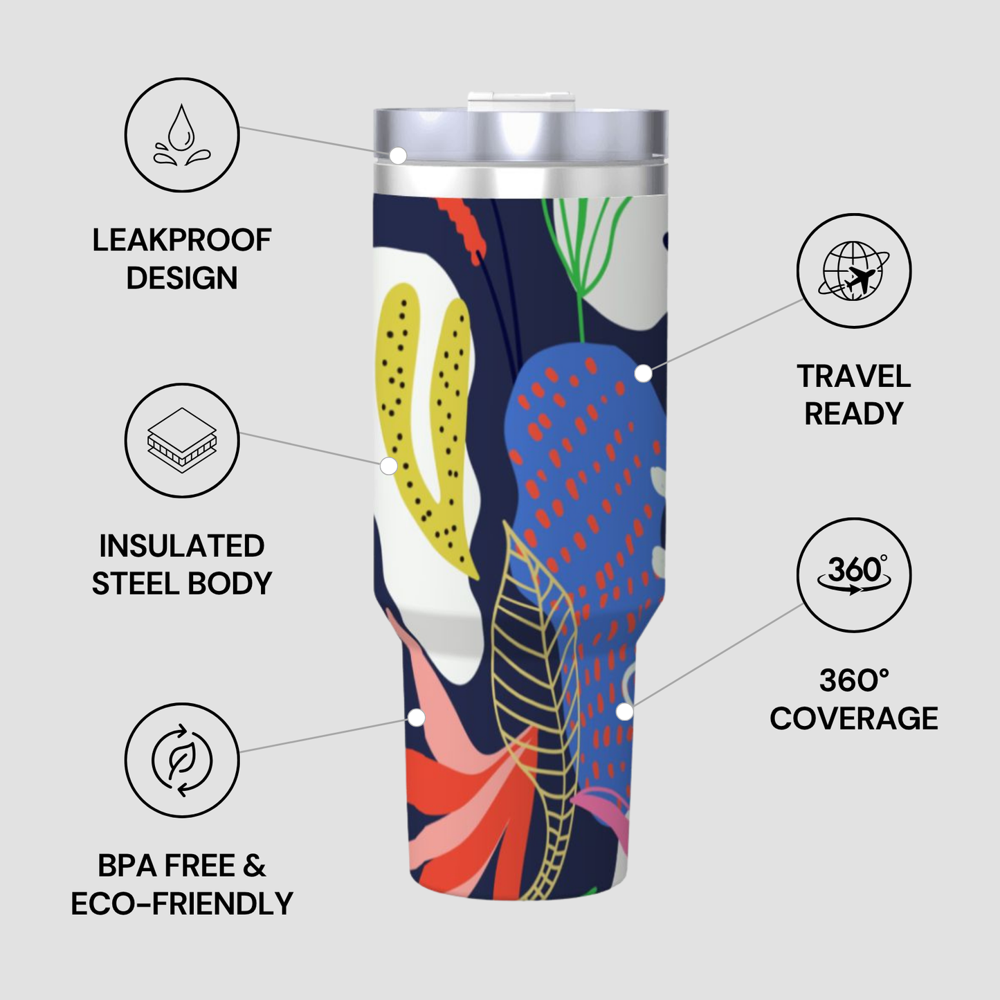 Colorful tumbler with insulation and leakproof design features on a gray background