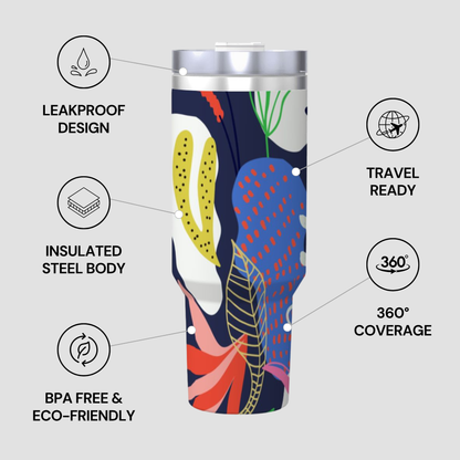 Colorful tumbler with insulation and leakproof design features on a gray background