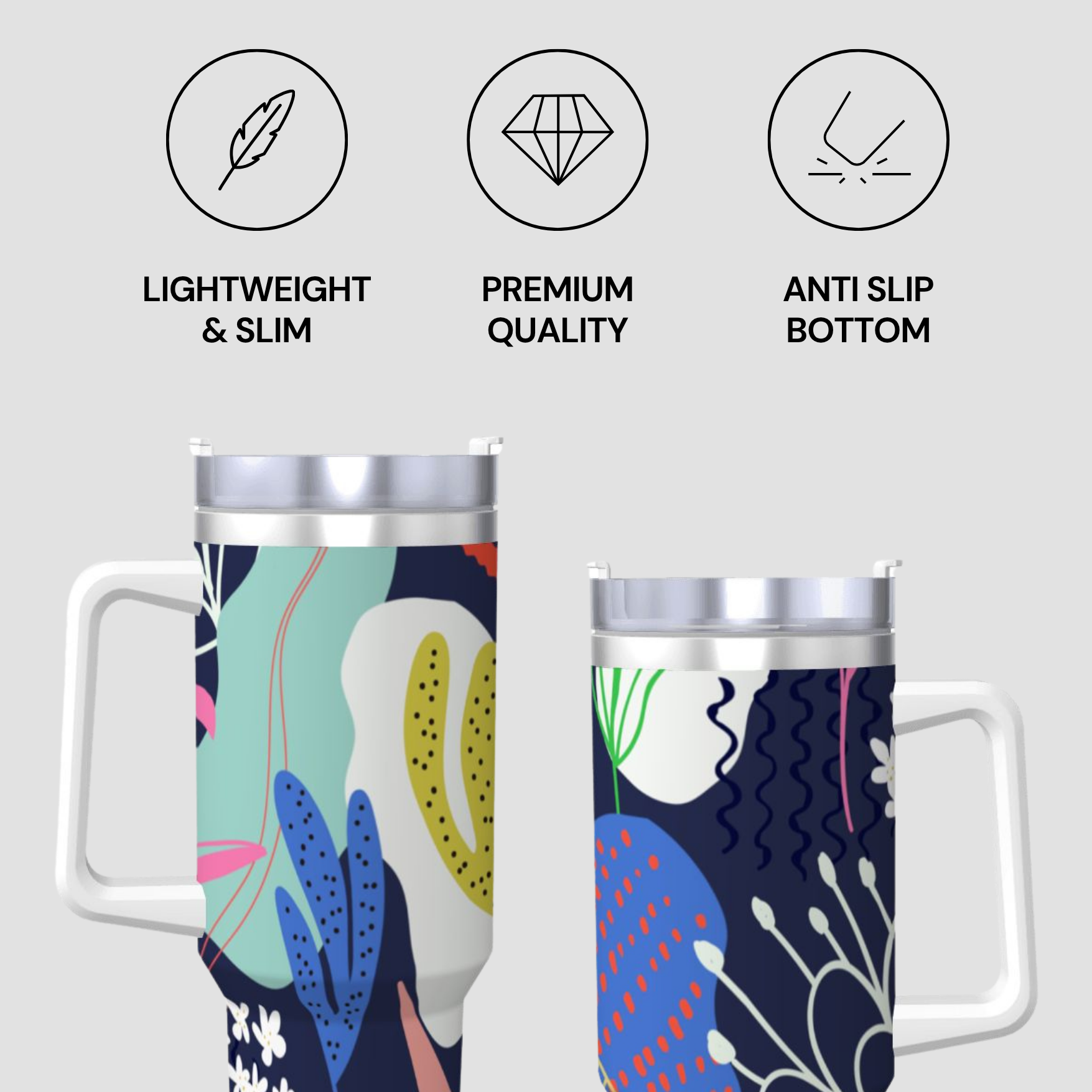 Two floral-patterned tumblers with text labels on a light gray background