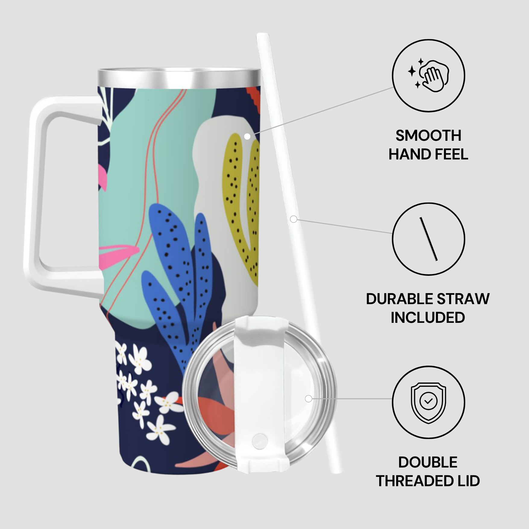 Colorful mug with floral design, straw, and lid on a light gray background