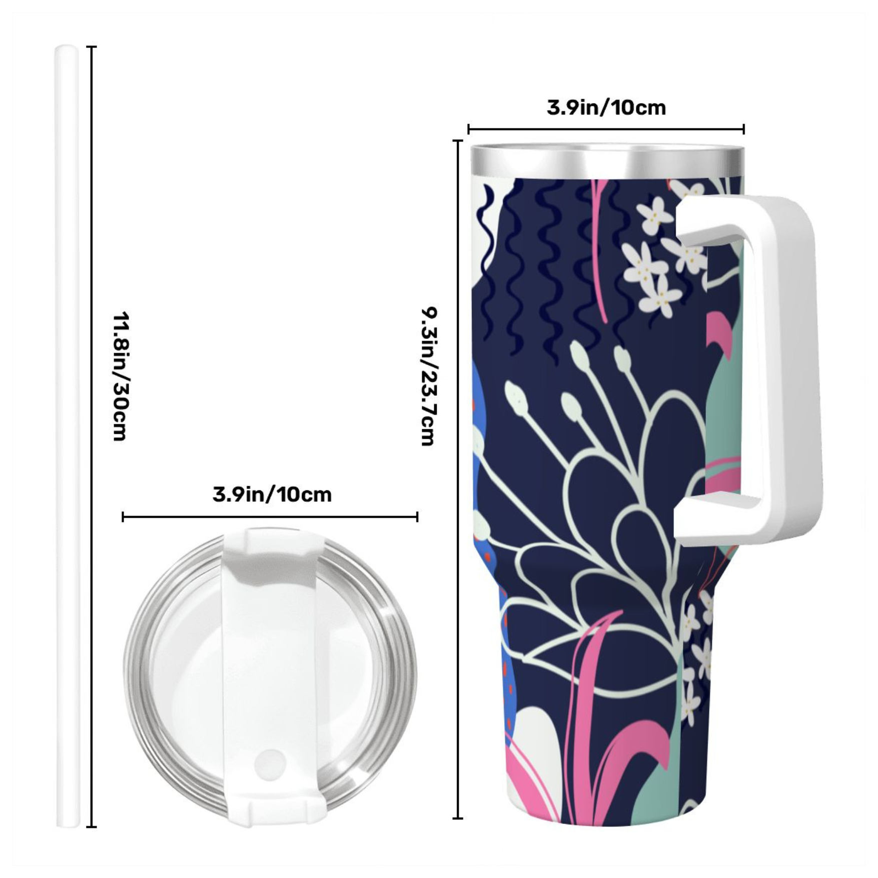 Floral-patterned tumbler with measurements on a white background