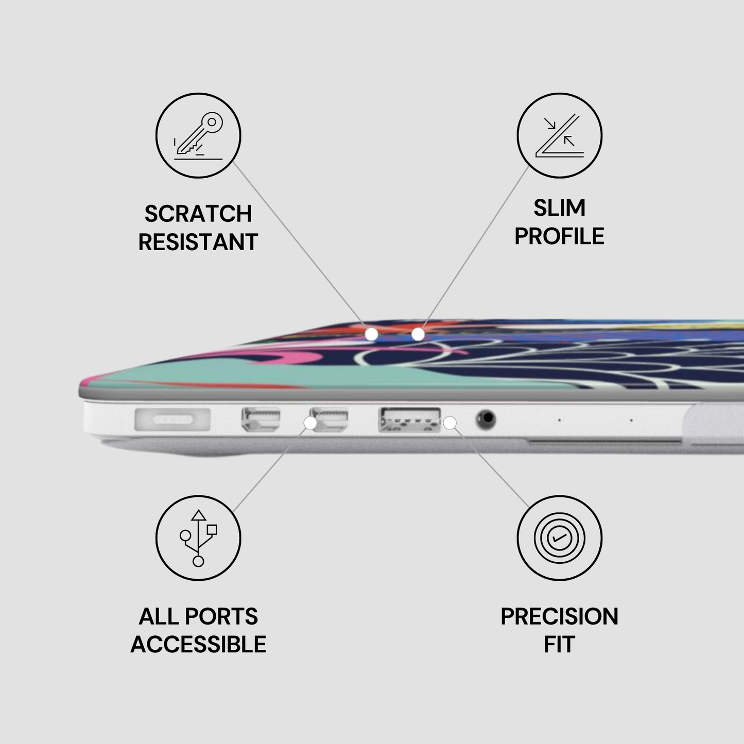 Laptop case with features labeled on a light gray background