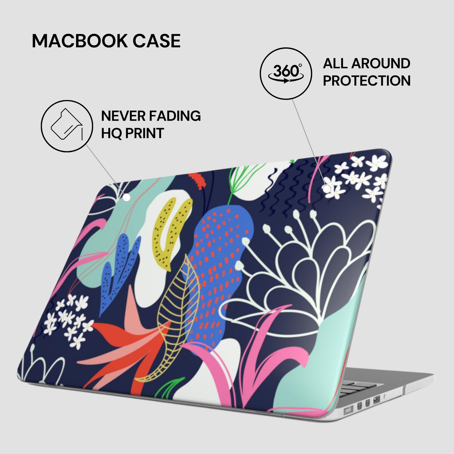 Macbook case with colorful floral design on a white background
