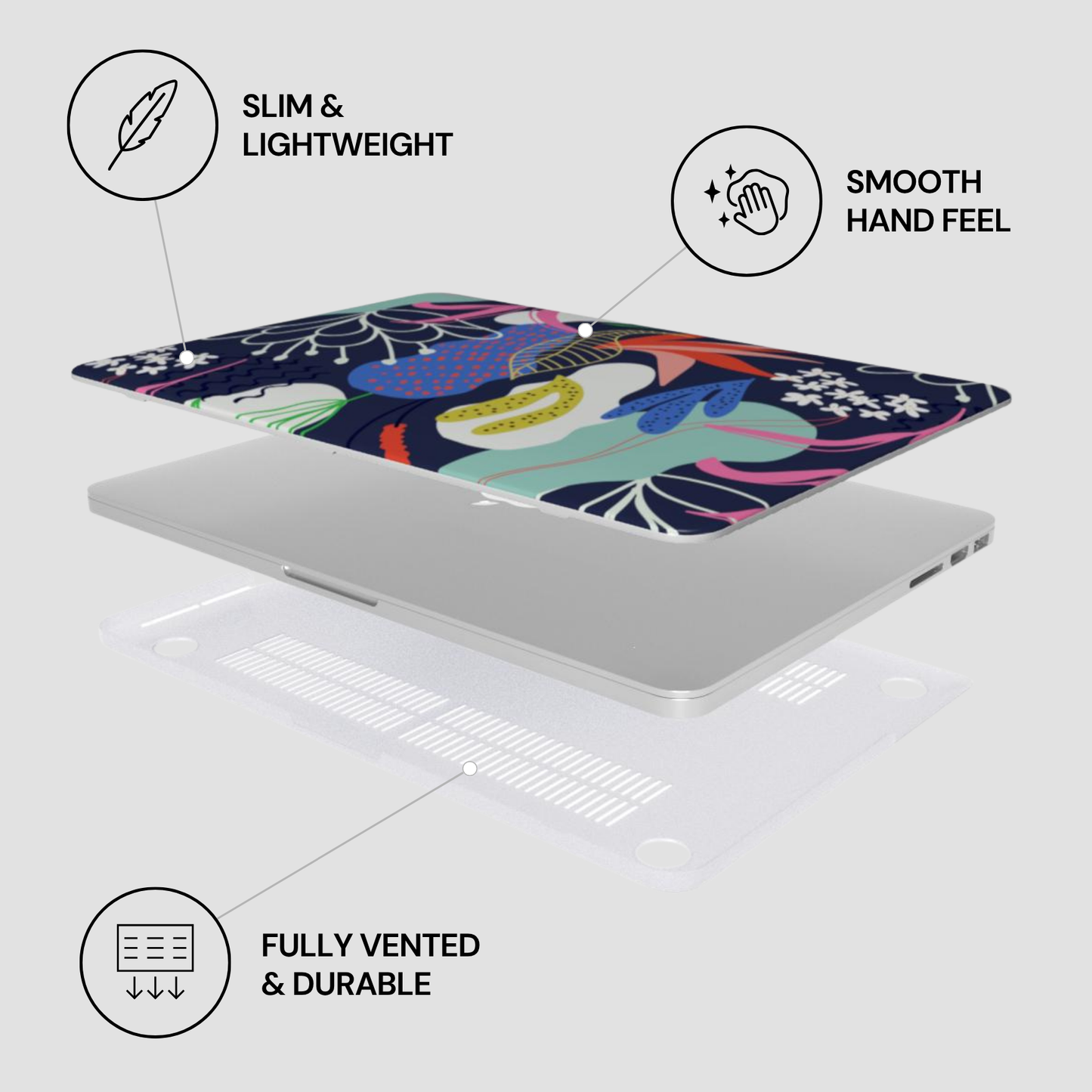 Laptop with a colorful case on a light gray background, featuring text labels about the product's features.