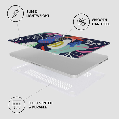 Laptop with a colorful case on a light gray background, featuring text labels about the product's features.