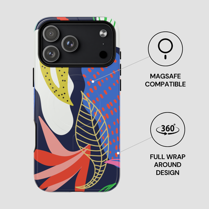 Colorful phone case with abstract design and Magsafe compatibility on a gray background