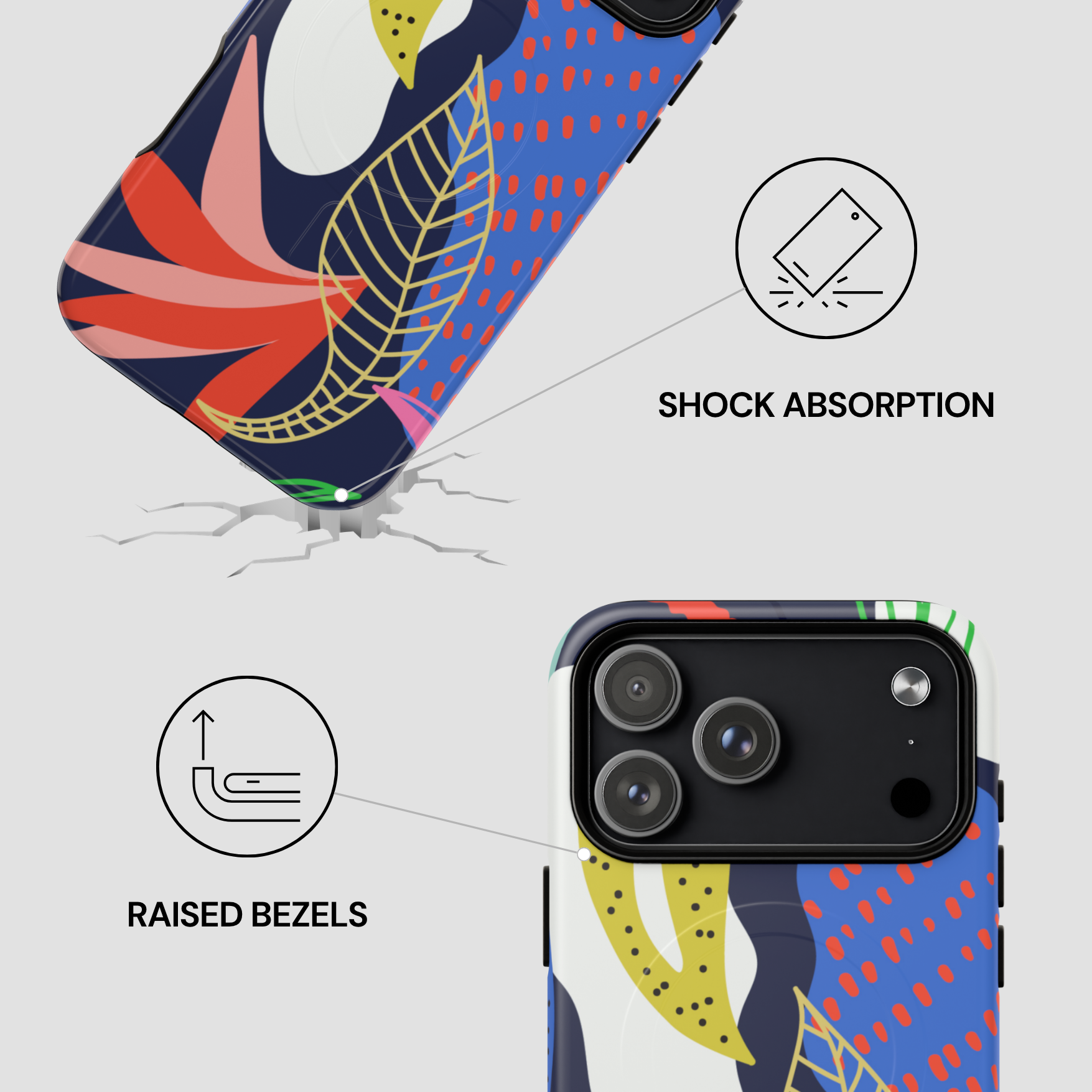 Phone case with colorful design and text indicating shock absorption and raised bezels.