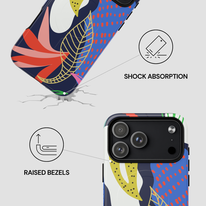 Phone case with colorful design and text indicating shock absorption and raised bezels.