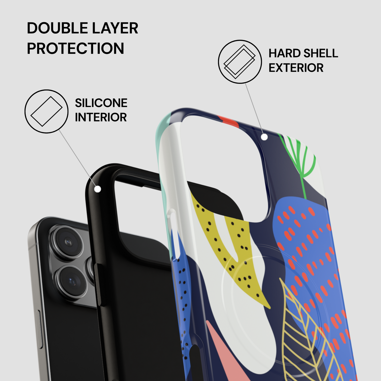 Phone case with double layer protection features and colorful design on a white background