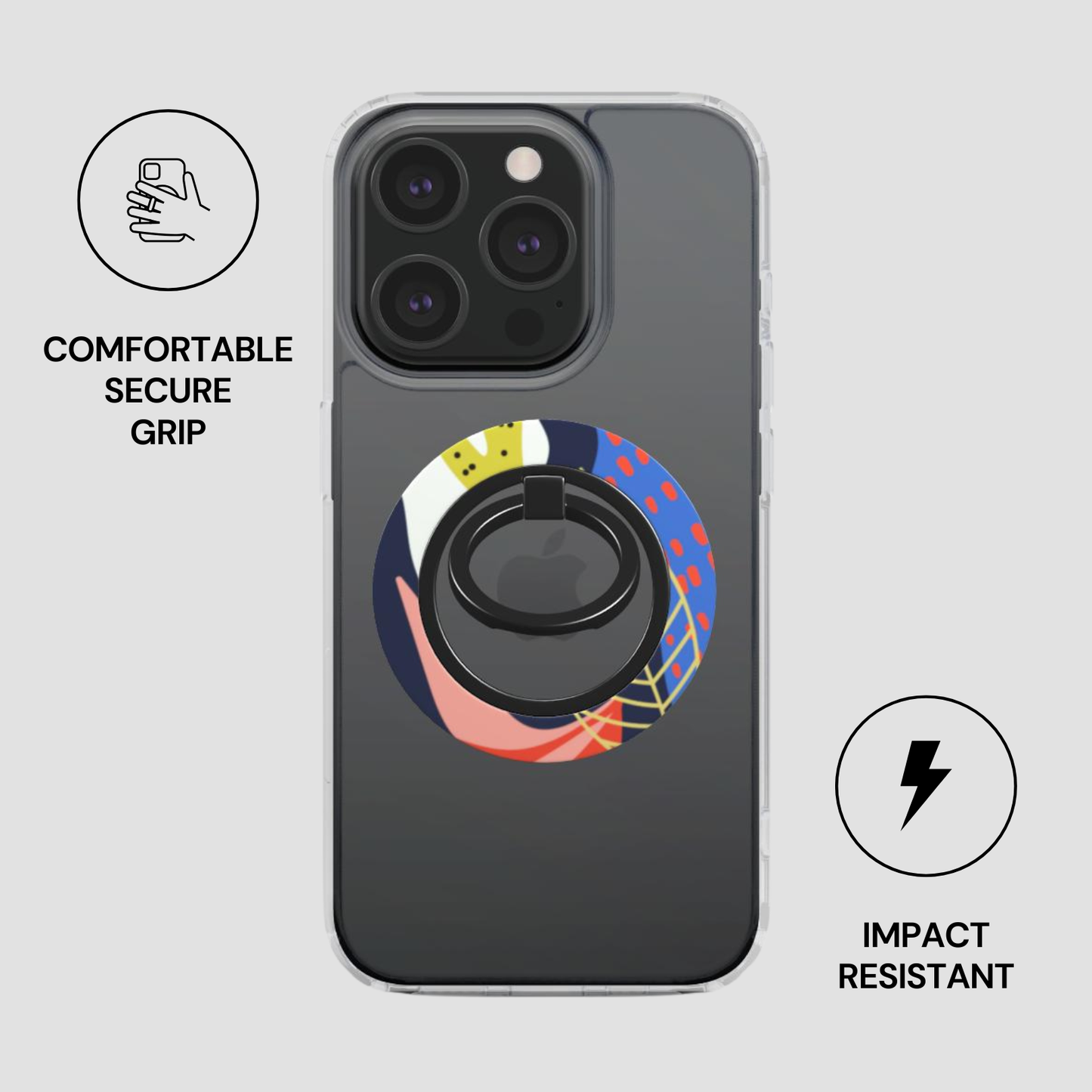 Phone case with a colorful ring holder on a gray background