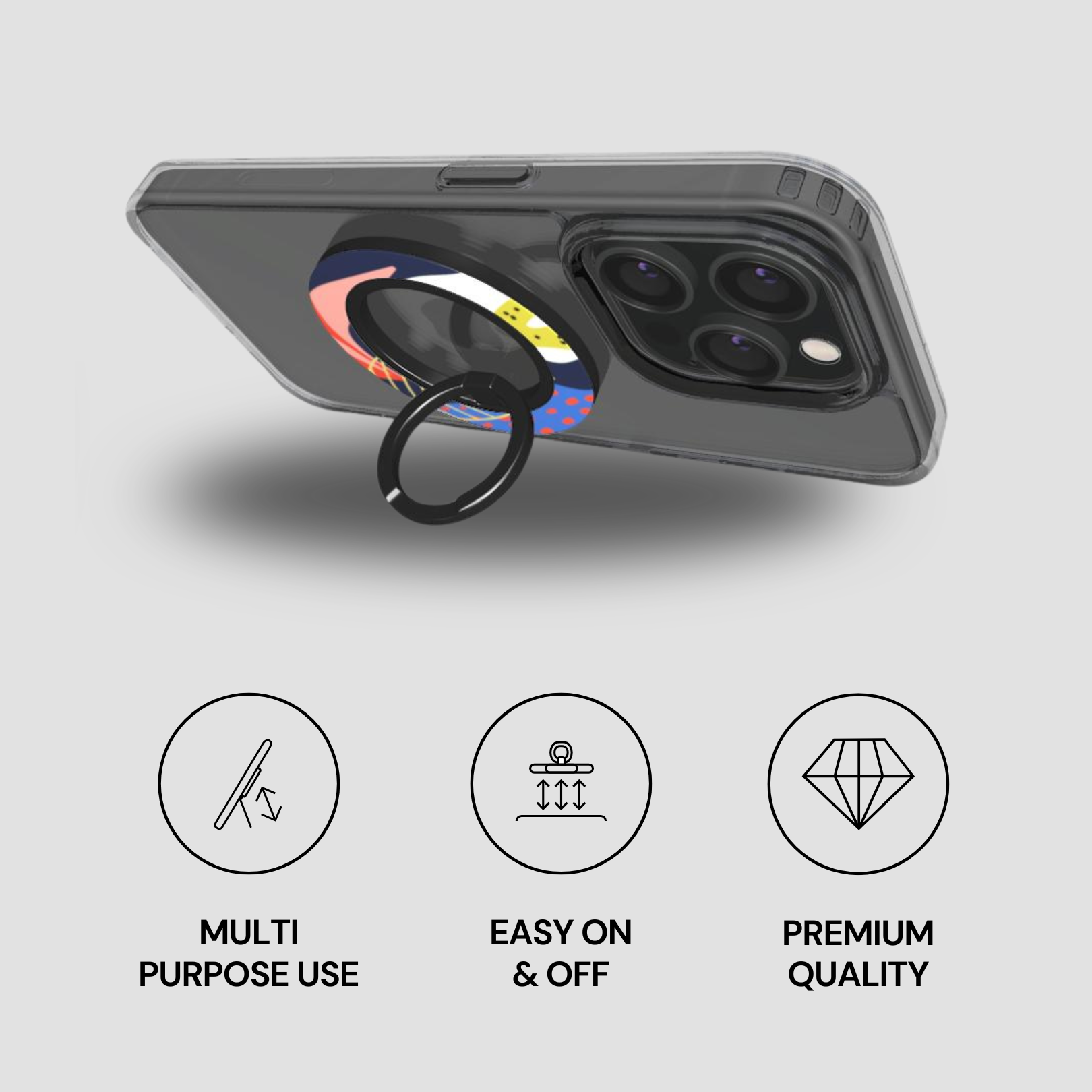 Phone case with ring holder on a gray background