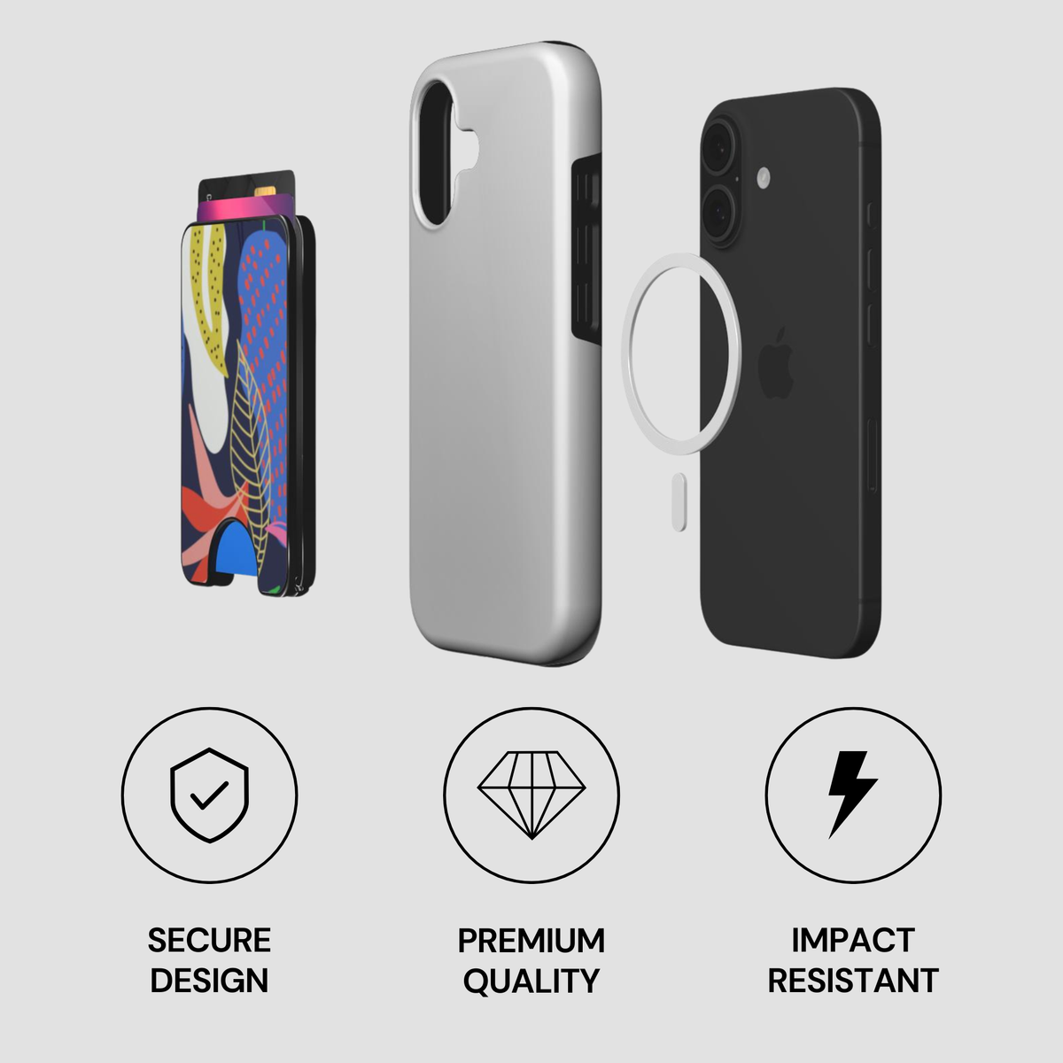 Exploded view of Botanic Muse Magnetic Wallet with phone, case, and magnetic ring components