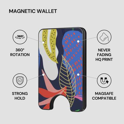 Botanic Muse Magnetic Wallet with feature callouts including strong hold, MagSafe compatible, and HQ print