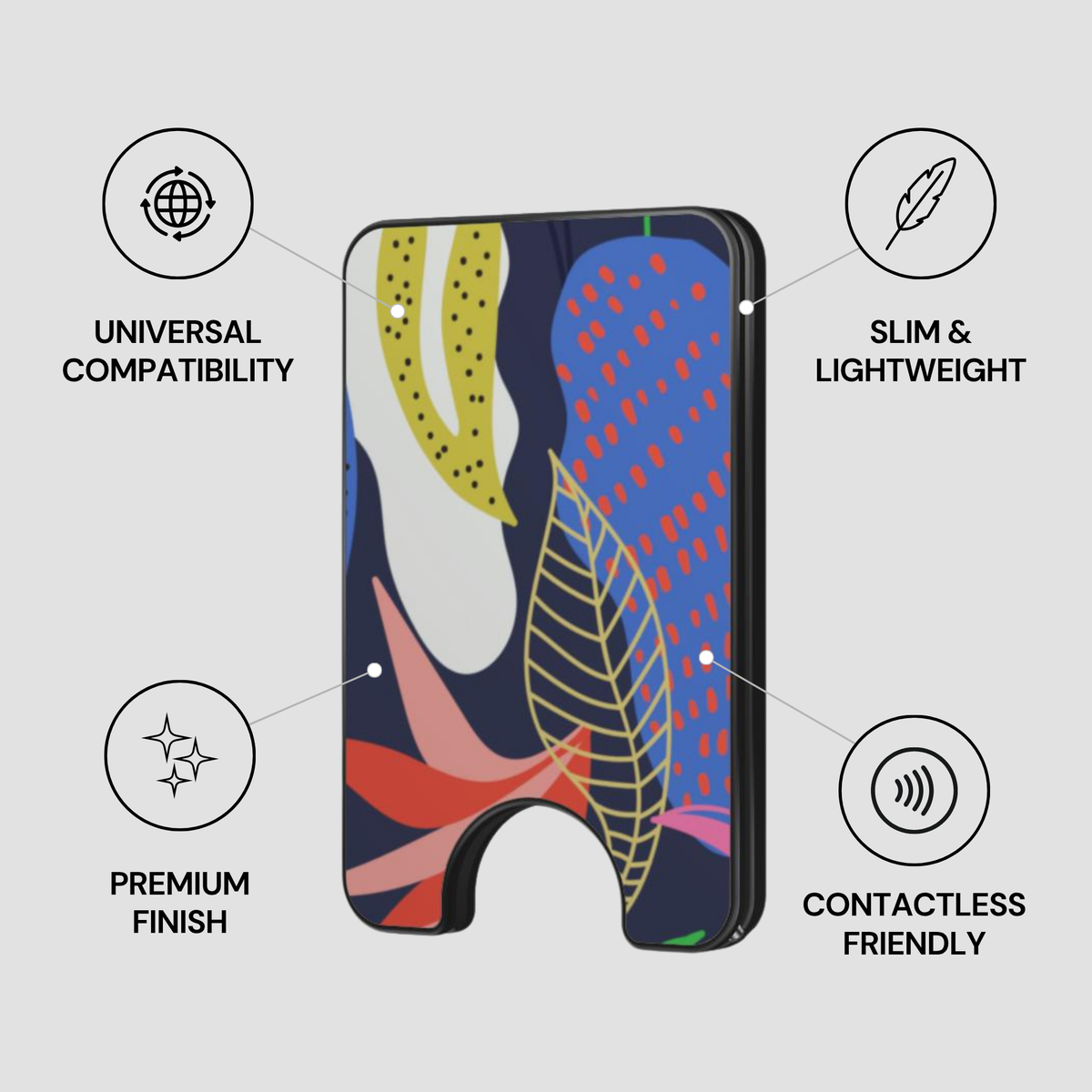Botanic Muse Magnetic Wallet showing secure design, premium quality, and impact resistant features