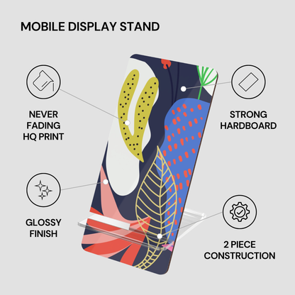 Colorful mobile display stand with features listed on a gray background