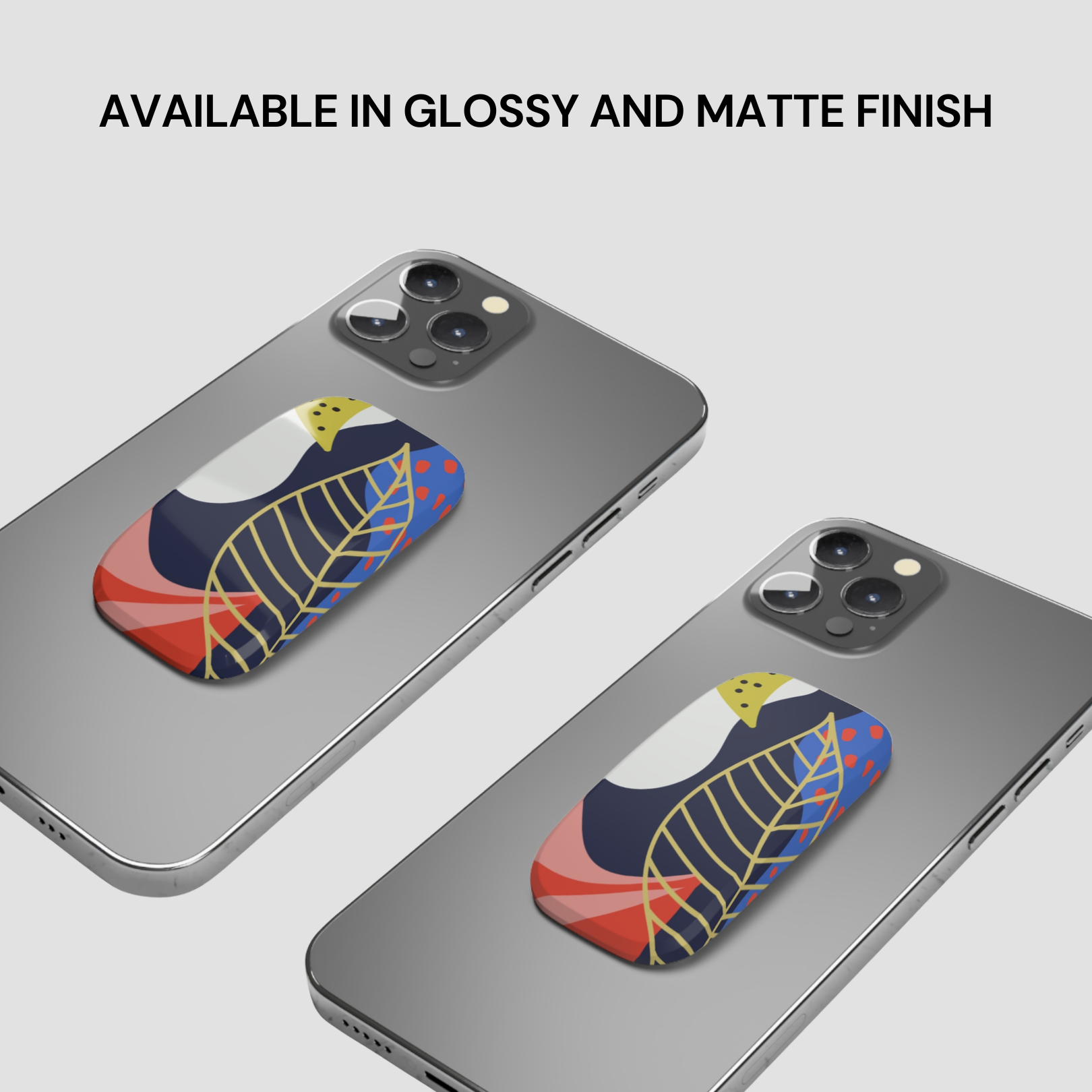 Two phone cases with a colorful design on a gray background, text indicating finish options.