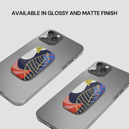 Two phone cases with a colorful design on a gray background, text indicating finish options.