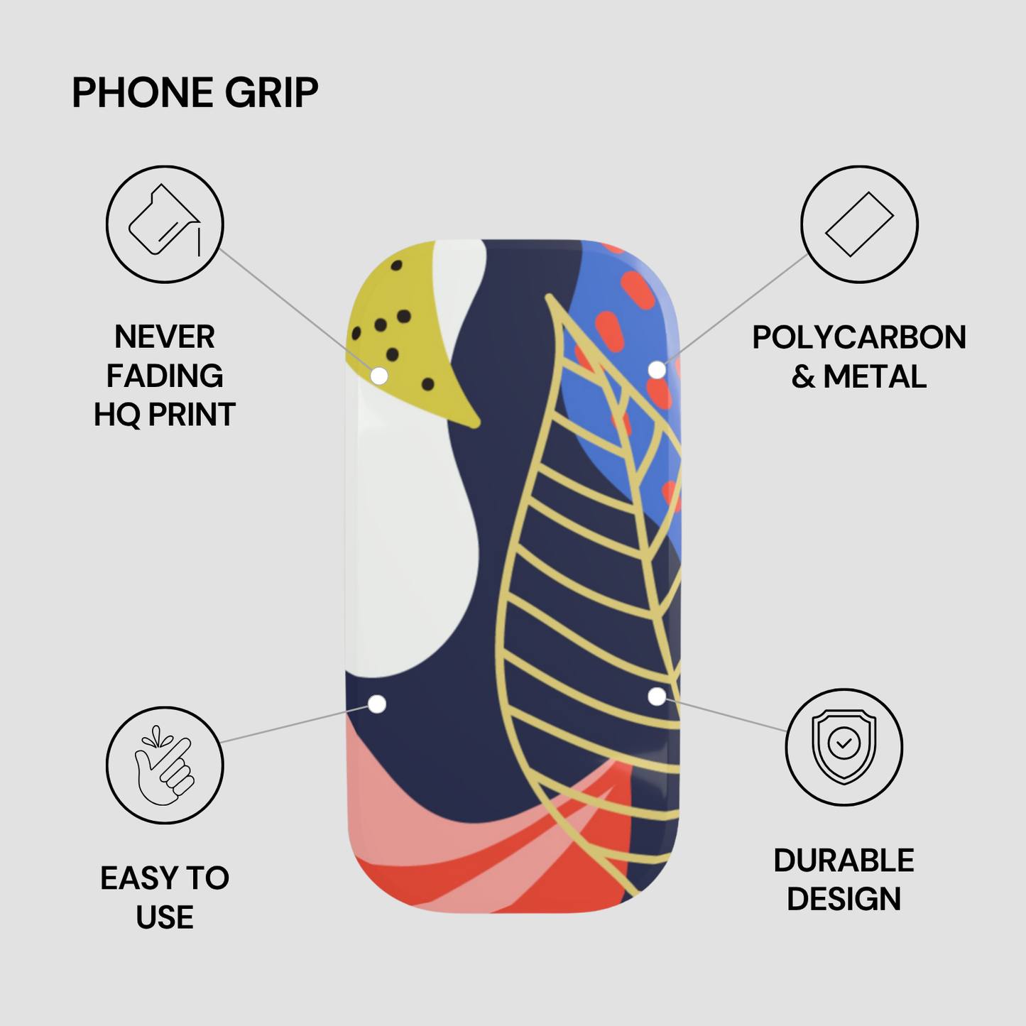 Phone grip with colorful design on a white background, featuring text about its features.