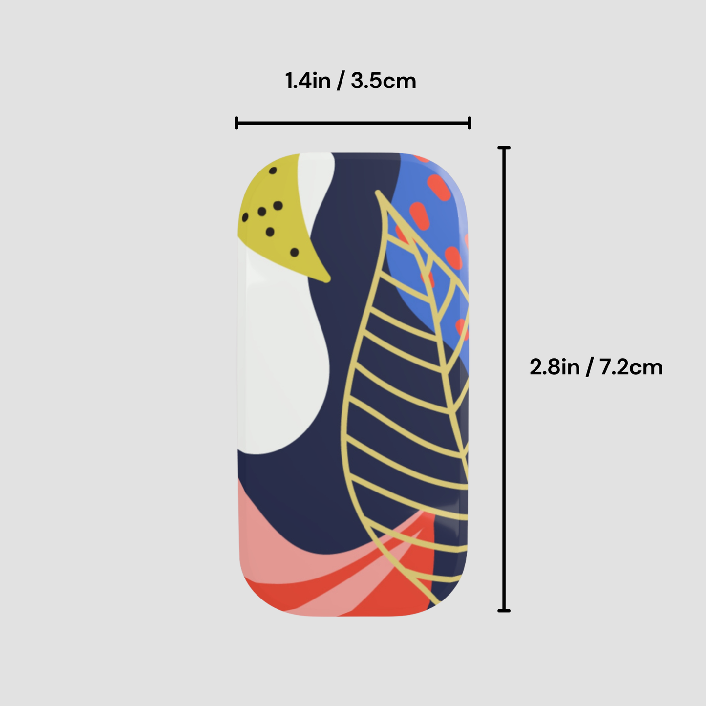 Colorful sock with abstract design and measurements on a light gray background