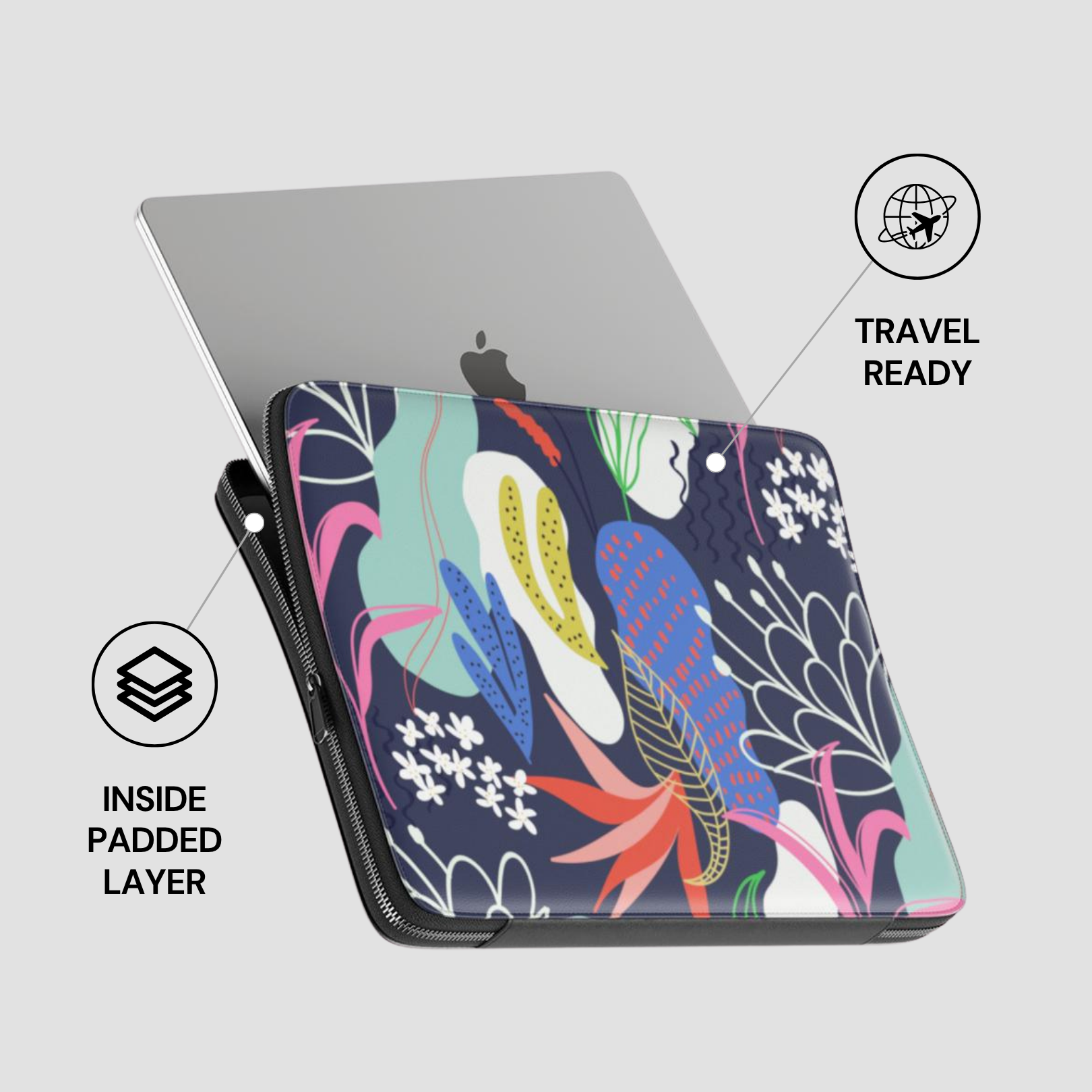 Colorful floral laptop sleeve with 'Travel Ready' and 'Inside Padded Layer' text on a white background