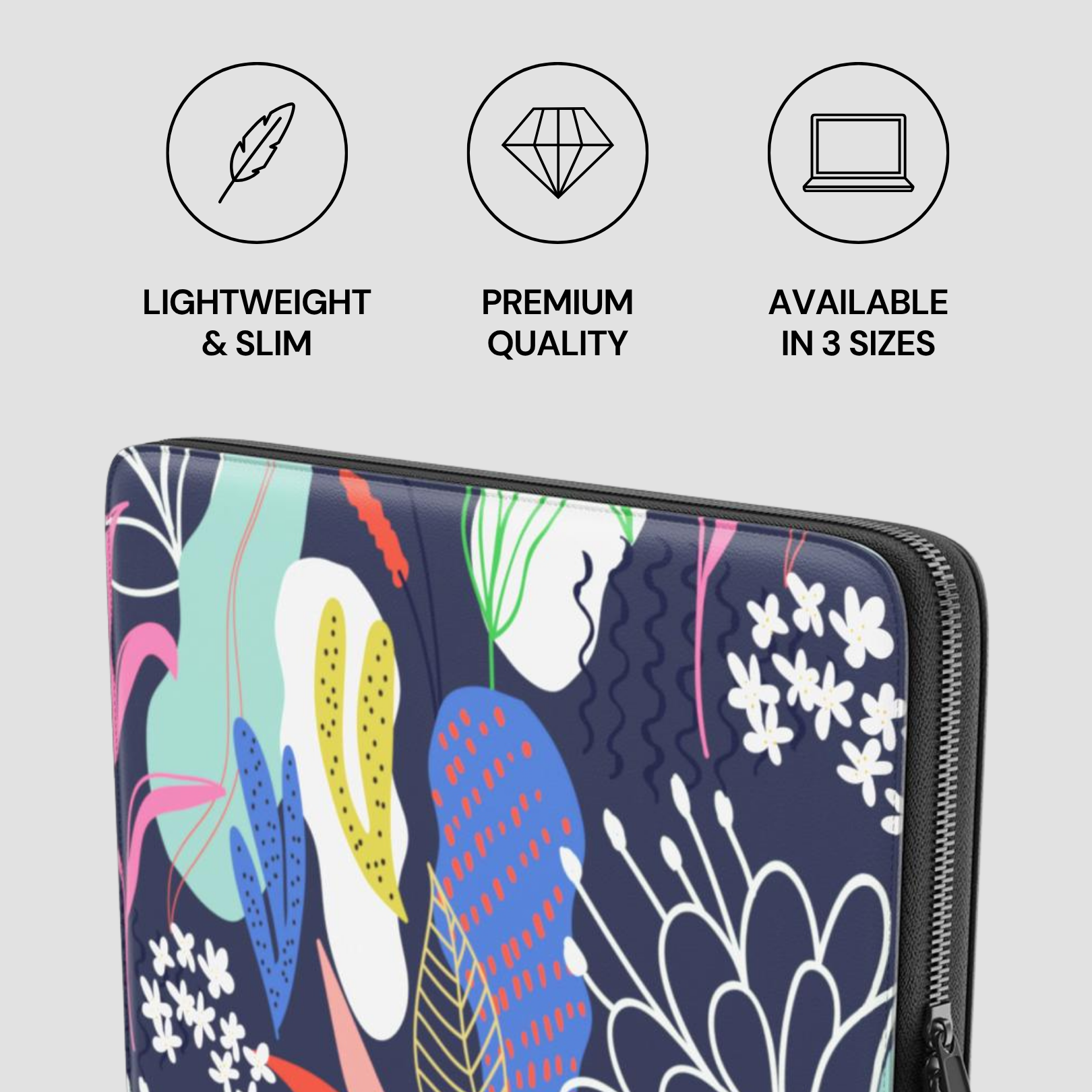 Floral patterned laptop sleeve with size and quality icons on a light gray background