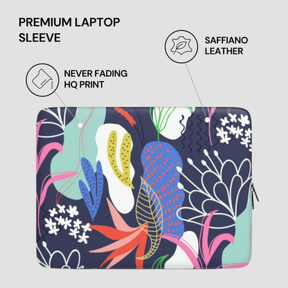 Laptop sleeve with colorful floral design on a gray background