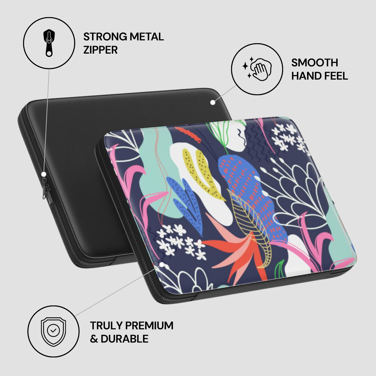 Floral patterned case with black metal zipper on a light gray background