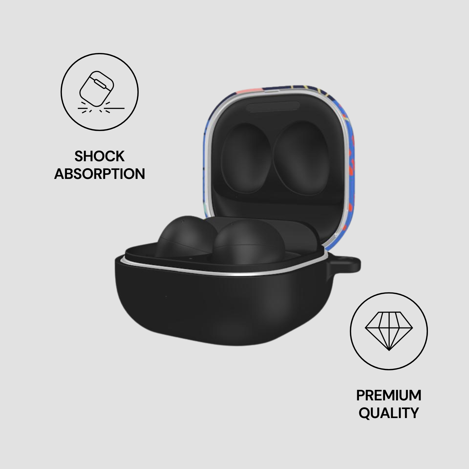 Black earbuds in an open case with 'Shock Absorption' and 'Premium Quality' icons on a light gray background.