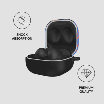 Black earbuds in an open case with 'Shock Absorption' and 'Premium Quality' icons on a light gray background.