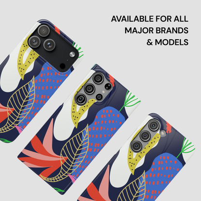 Colorful phone case with abstract design on a light gray background