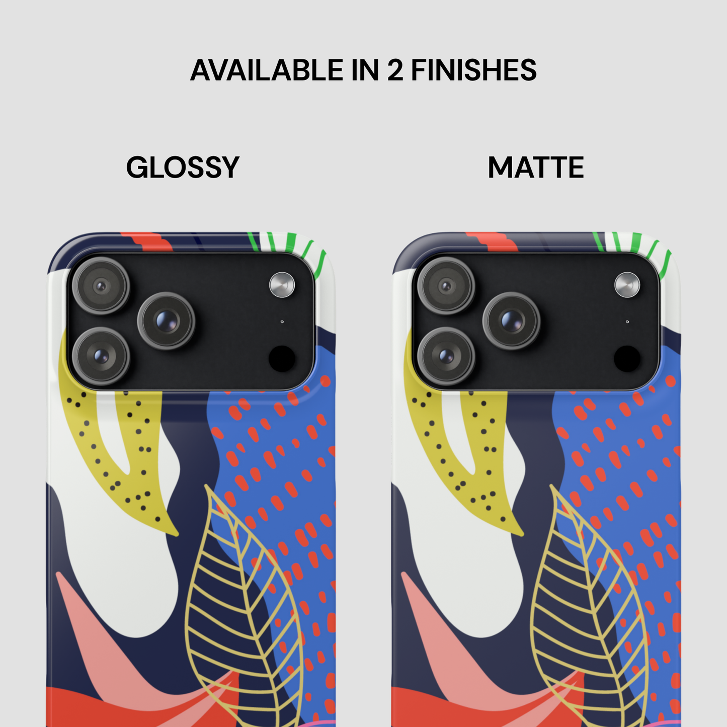 Two phone case designs, one glossy and one matte, with abstract patterns on a white background.
