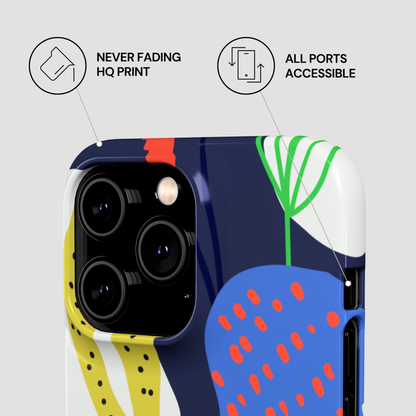 Phone case with colorful design and text indicating features on a light gray background