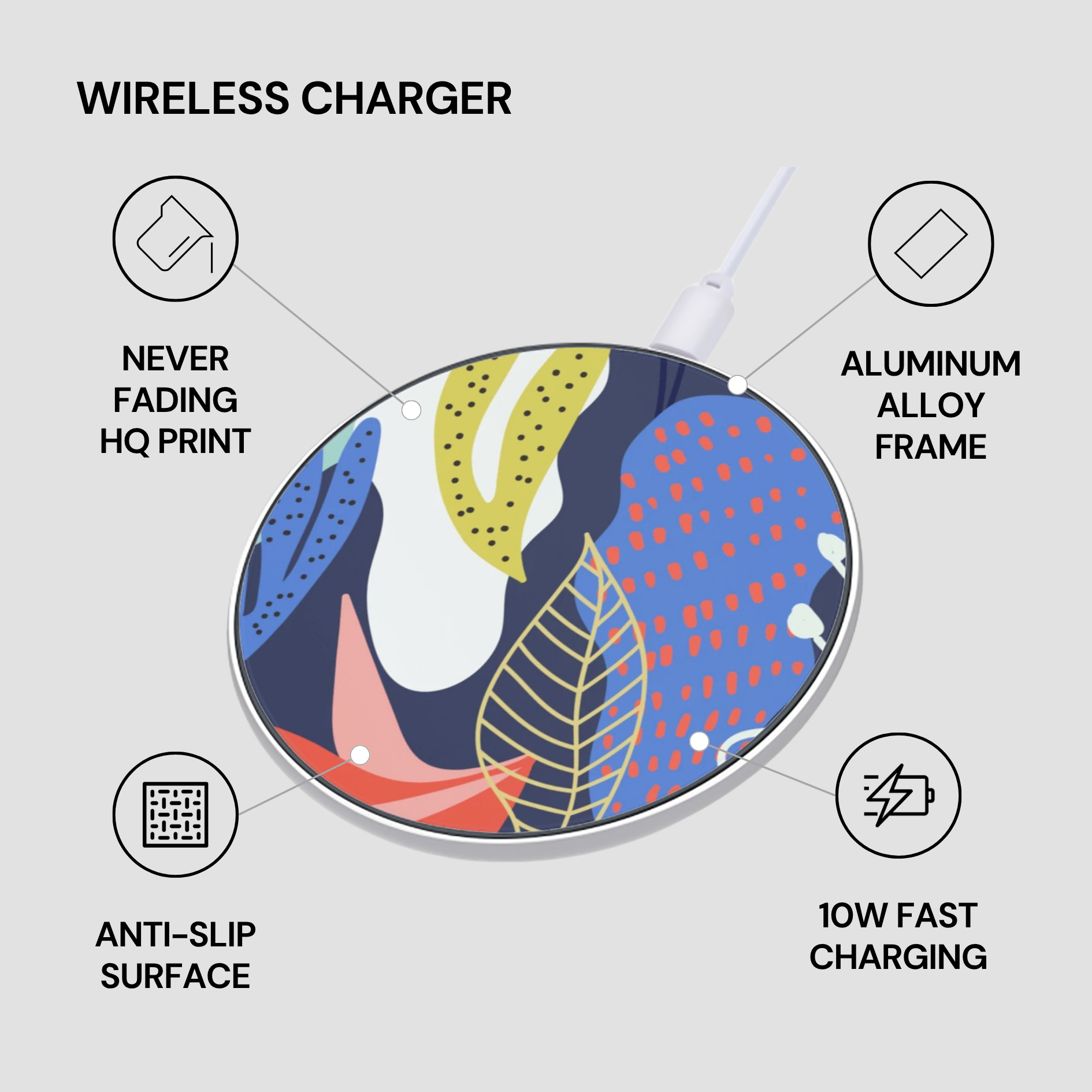Wireless charger with colorful design on a gray background