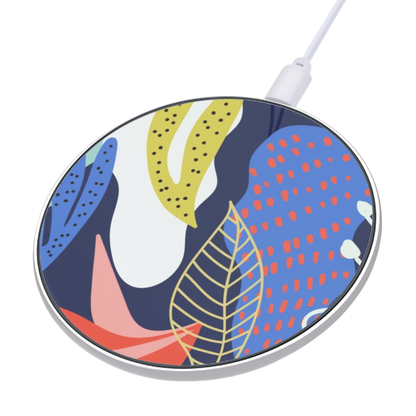 Wireless charger with colorful abstract design on a white background