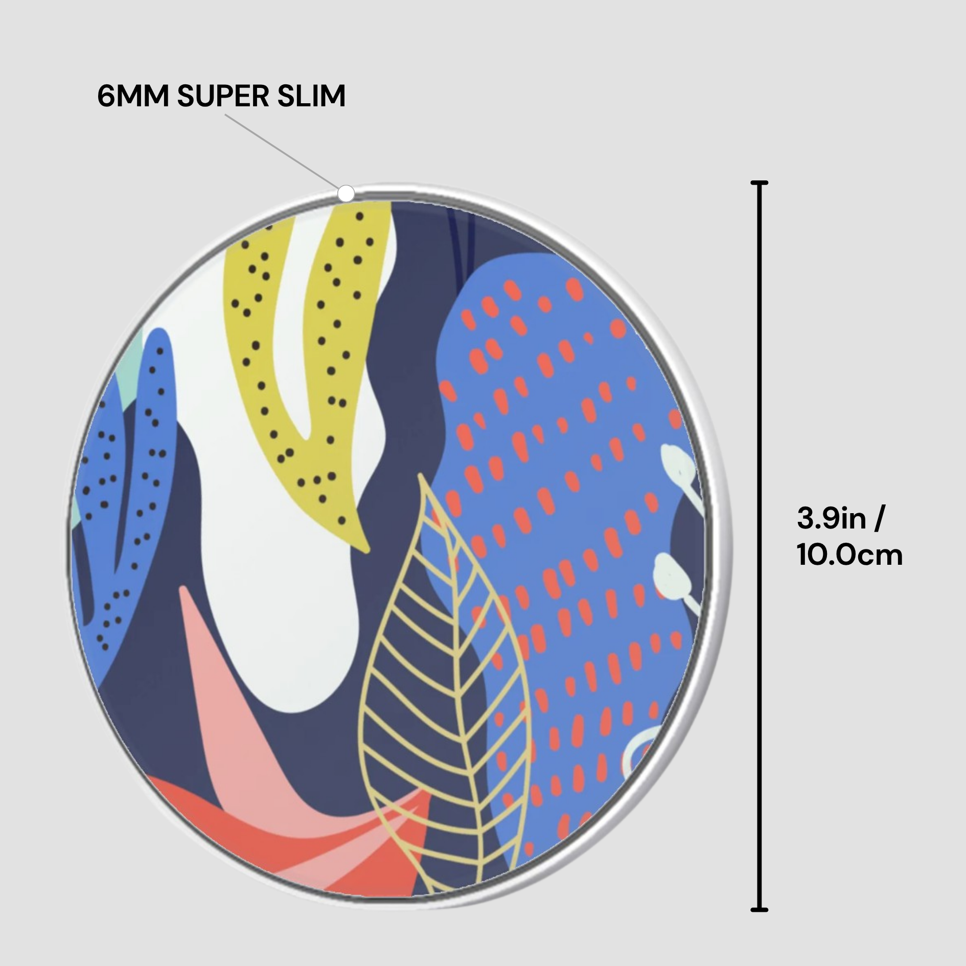 Circular product with colorful abstract design and measurement details on a light gray background