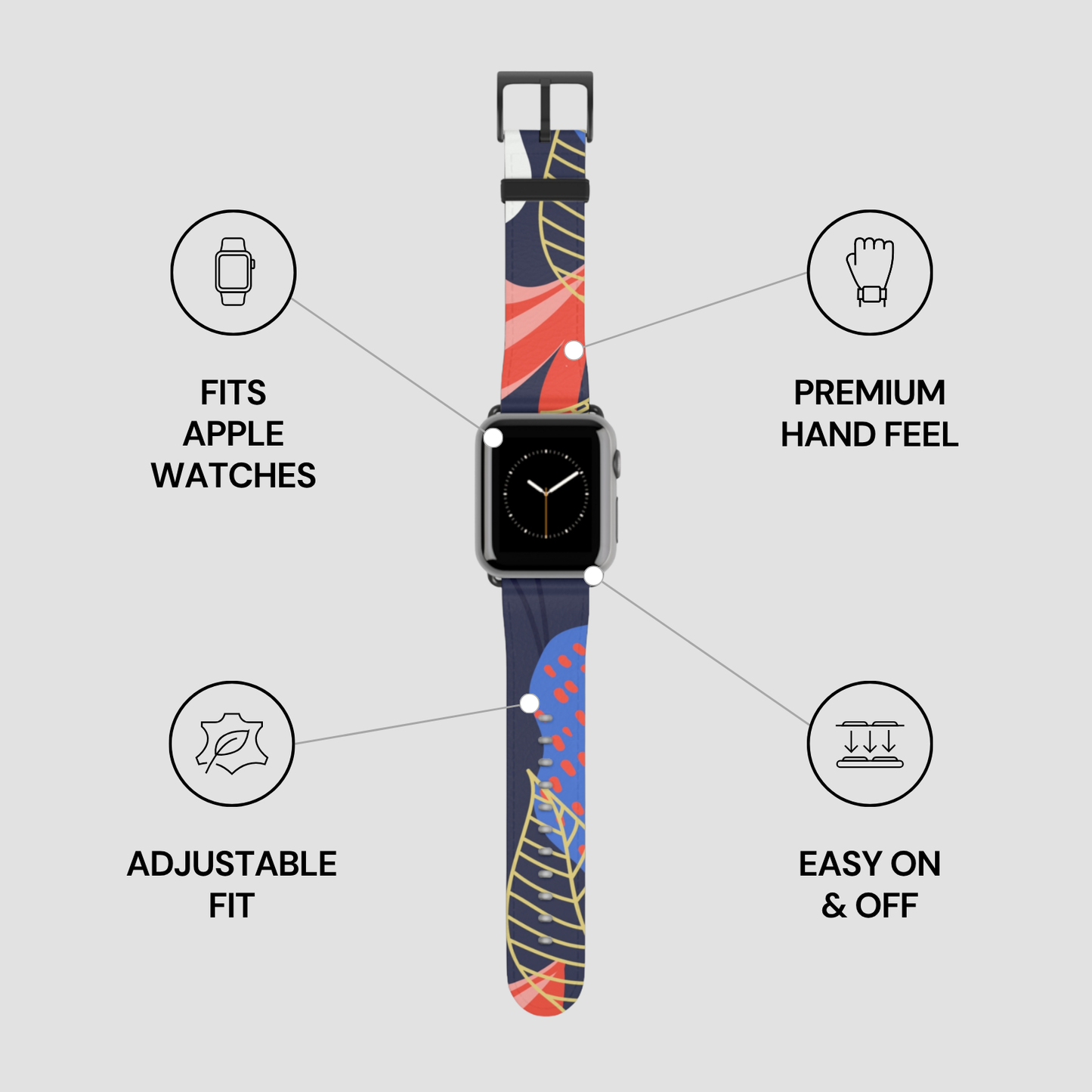 Smartwatch with a colorful band on a gray background, featuring text about watch compatibility and features.