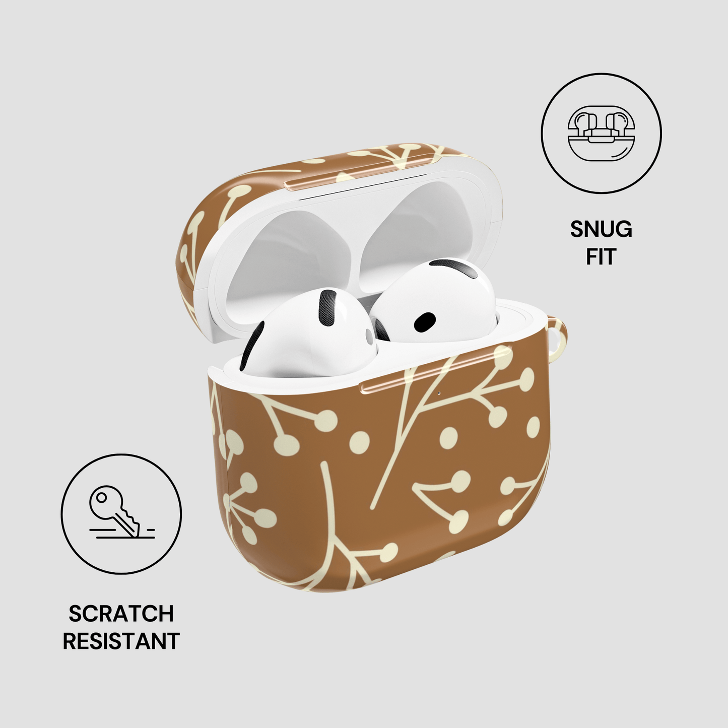 Brown patterned case for wireless earbuds with 'Snug Fit' and 'Scratch Resistant' icons on a light gray background.