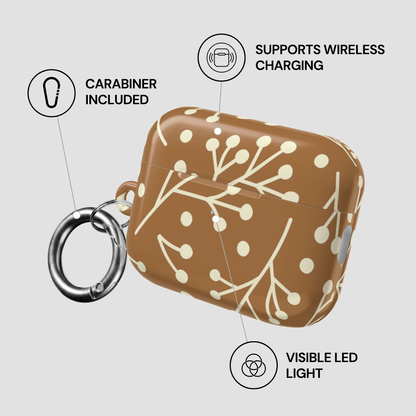 Brown case with white floral pattern and carabiner, featuring wireless charging and LED light indicators.