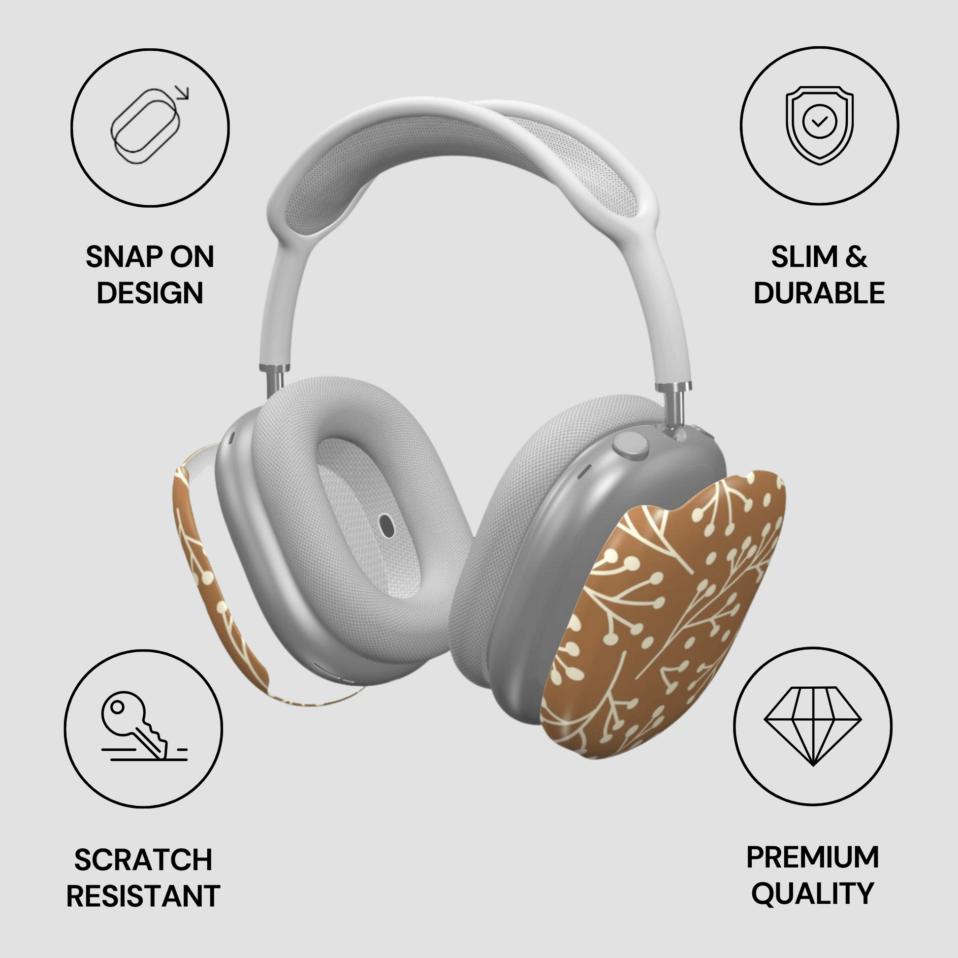 Gray headphones with floral ear pads on a light gray background with feature icons.